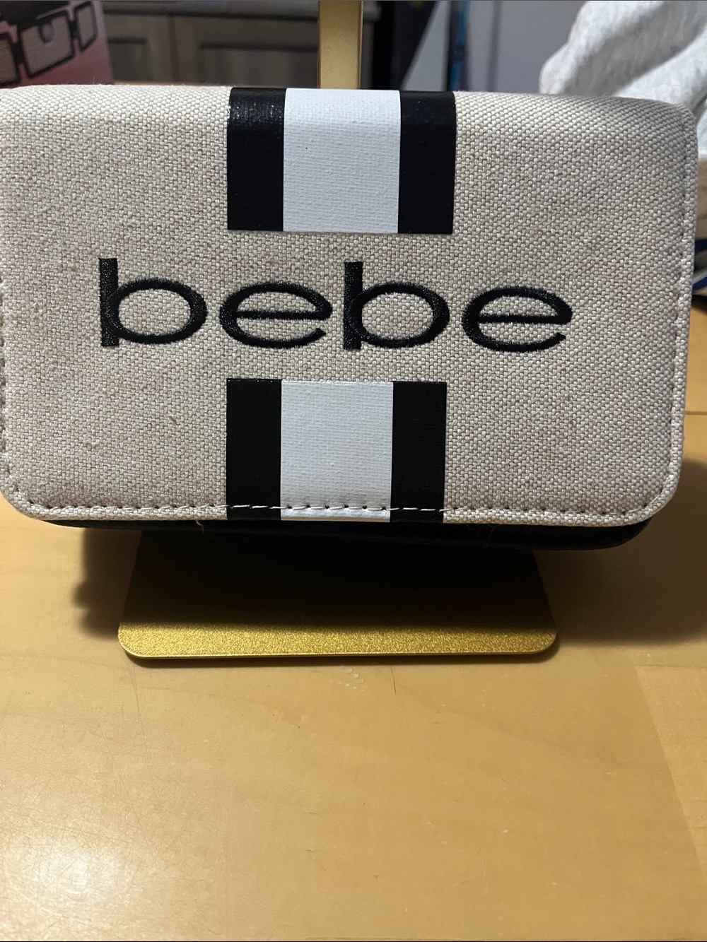 bebe Beige Canvas Wallet Phone Case with Black & White Stripes